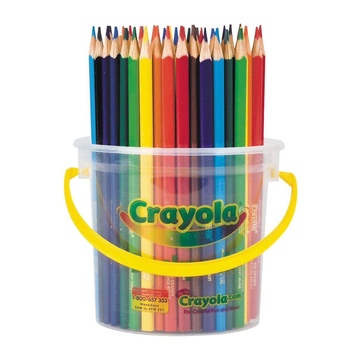 Crayola coloured pencils standing upright in a clear plastic tub with a bright yellow carry handle. Sharpened tips fan out at the top in a full spectrum of colours, from blue and black through green, yellow, orange, red and purple. The green Crayola logo sits across the front.