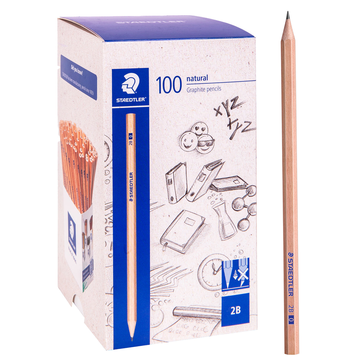 A single sharpened natural Staedtler 2B pencil standing upright, its hexagonal wood barrel tapering to a fine graphite point, with blue "2B 0" lettering along the length, shown beside its retail box. The smooth, natural timber finish and sharp tip are clearly visible.