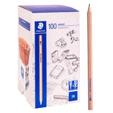 A single sharpened natural Staedtler 2B pencil standing upright, its hexagonal wood barrel tapering to a fine graphite point, with blue "2B 0" lettering along the length, shown beside its retail box. The smooth, natural timber finish and sharp tip are clearly visible.