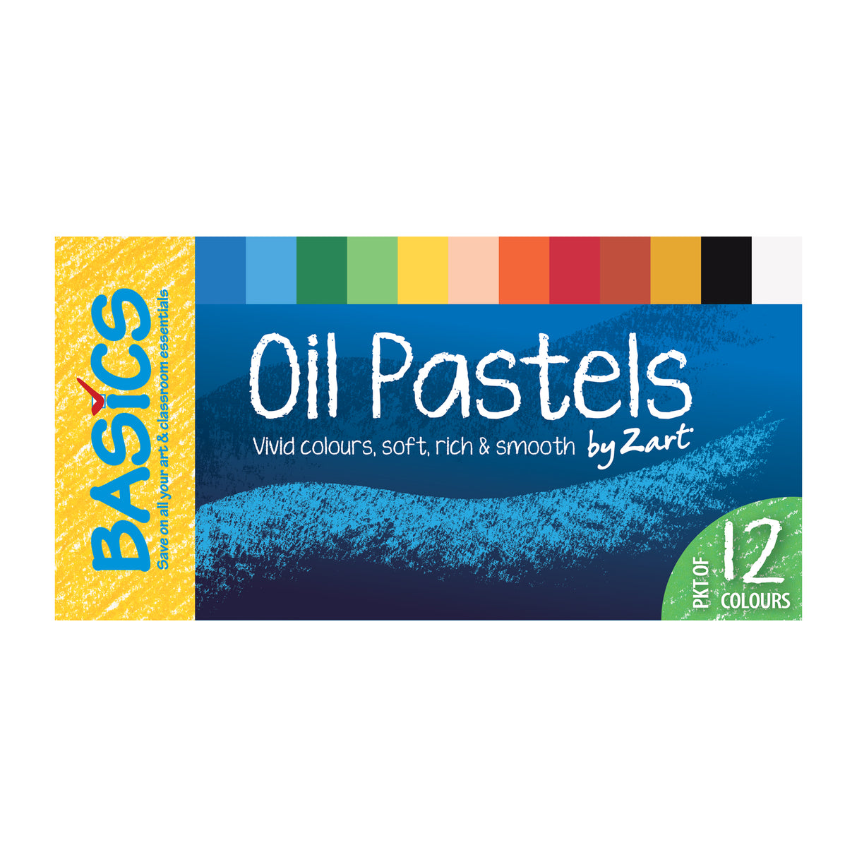 Zart Basics Oil Pastels 12-colour pack packaging, showing colour swatches along the top and text reading “Oil Pastels – vivid colours, soft, rich & smooth,” designed for classroom and art use.