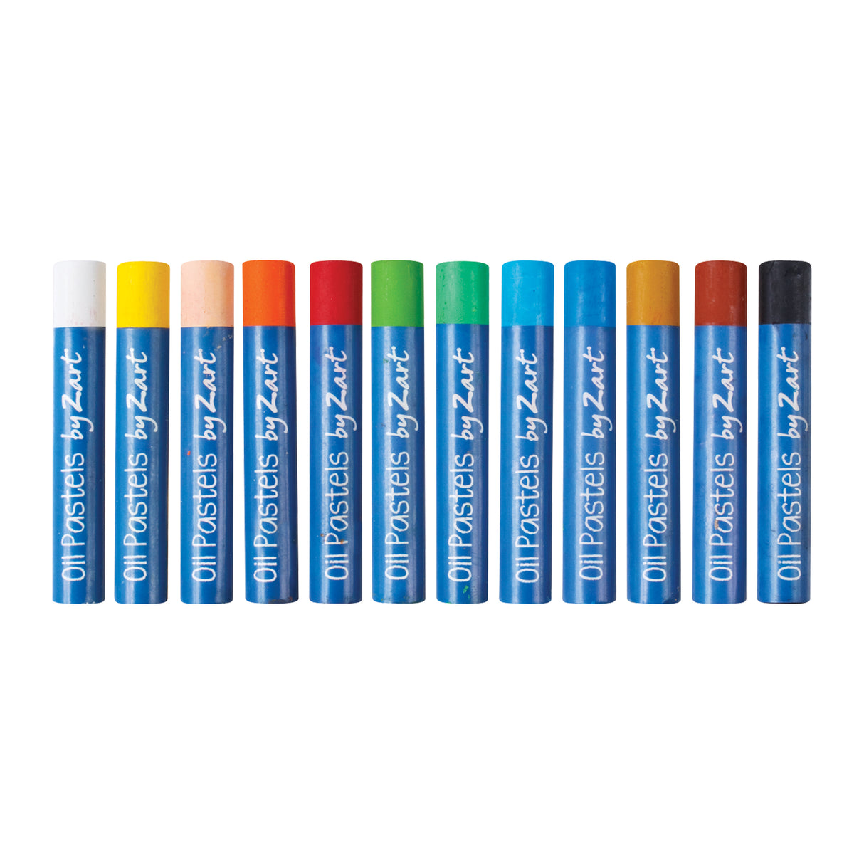 Row of Zart oil pastel sticks in assorted colours, each wrapped in blue paper labels, displayed on a white background to show the full 12-colour range.