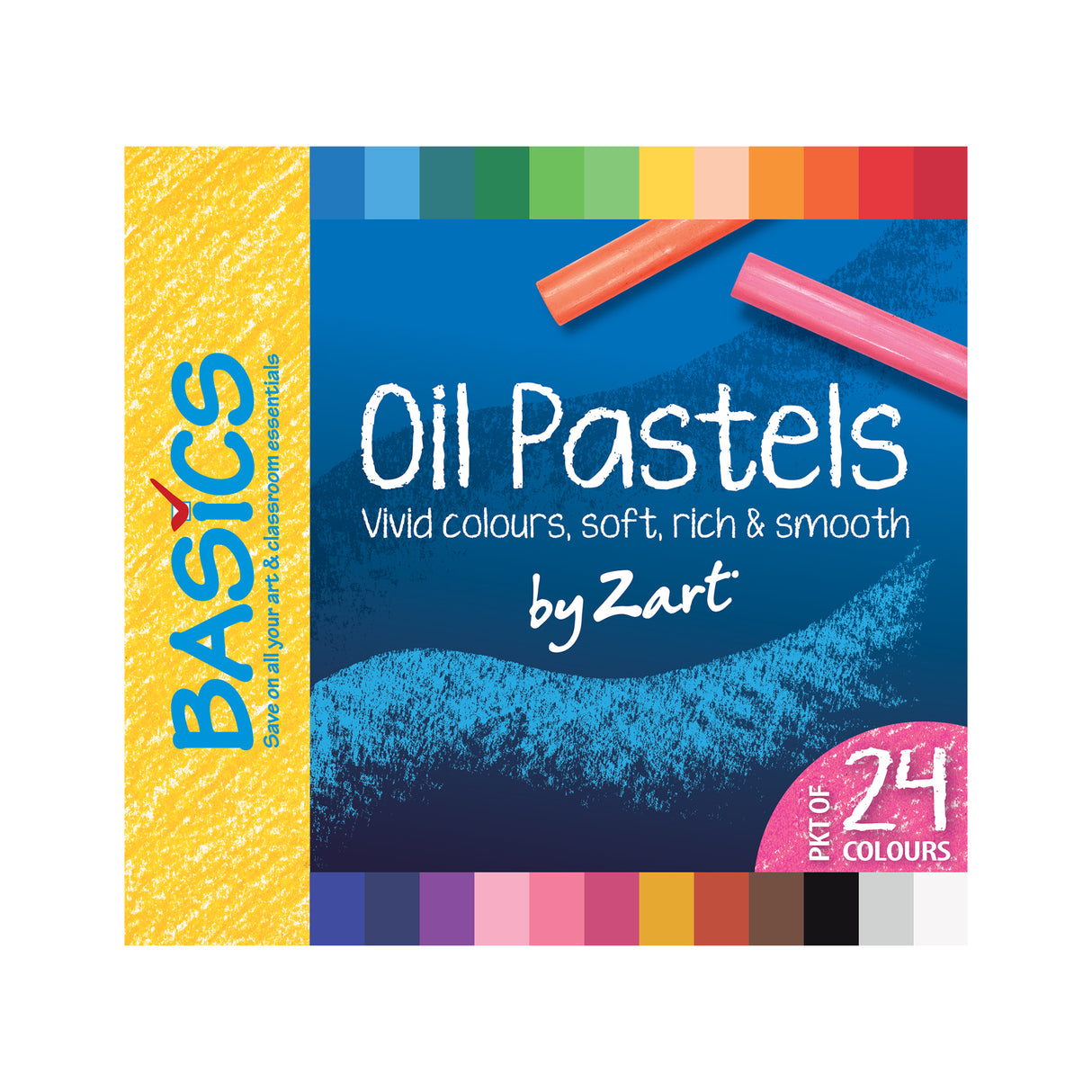 Zart Basics Oil Pastels 24-colour pack packaging, showing colour swatches along the top, pastel sticks on the cover, and text reading “Oil Pastels – vivid colours, soft, rich & smooth.”
