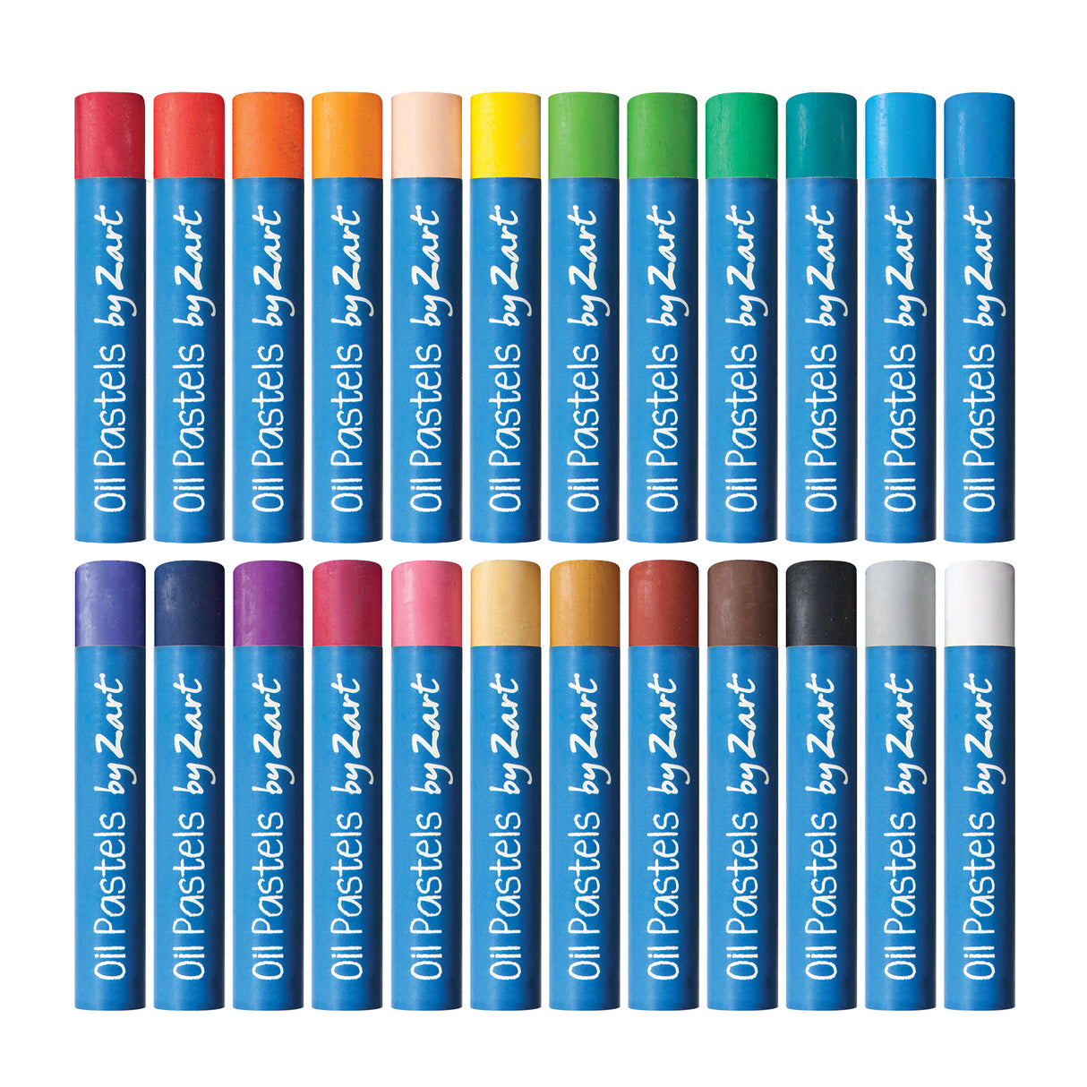 Two rows of Zart oil pastel sticks displayed on a white background, showing the full 24-colour range with blue paper wrappers and varied bright and neutral colours.