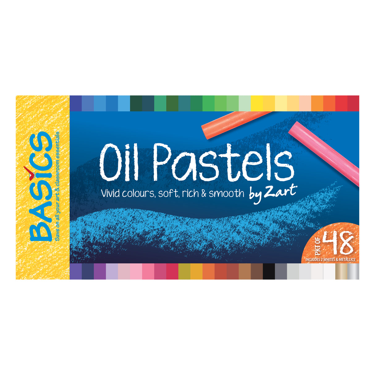 Zart Basics Oil Pastels 48-colour pack packaging, featuring extended colour swatches, pastel sticks on the cover, and text highlighting vivid colours, soft texture, and smooth application.
