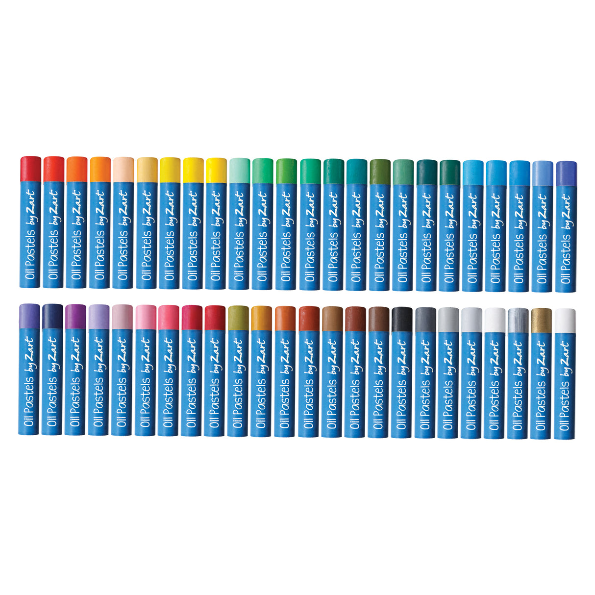 Two rows of Zart oil pastel sticks arranged by colour family, displaying the full 48-colour range on a white background with consistent blue wrappers.
