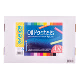 Zart Basics Oil Pastels 132-piece classroom pack packaging laid flat, showing product details, colour swatches, pastel illustrations, and text describing non-toxic, richly pigmented pastels.