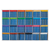 Open classroom tray filled with 132 Zart oil pastel sticks, neatly organised by colour into rows, showing a wide spectrum including brights, neutrals, whites, and metallics.