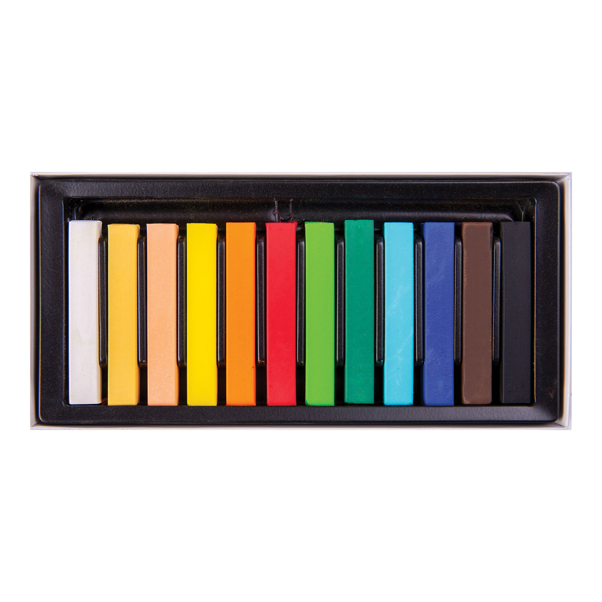 A black plastic tray holding twelve rectangular Mungyo dry pastel sticks arranged in a single row. Colours progress from white and pale yellow through yellow, orange and red to greens, blues, brown and black. The pastel sticks have smooth flat surfaces and squared edges.