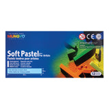 Front packaging of MUNGYO Soft Pastel MP-12 For Artists on a blue background. The design shows pastel sticks scattered across coloured pastel dust in green, yellow and orange. Visible text includes MUNGYO, Soft Pastel MP-12 For Artists, and 12 COLOURS.