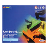 Front packaging of MUNGYO Soft Pastel MP-24 For Artists. The box features pastel sticks lying across colourful pastel powder on a blue background. Visible headings include MUNGYO and Soft Pastel MP-24 For Artists, with 24 COLOURS shown in the corner.