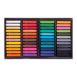 Four black trays filled with forty-eight Mungyo dry pastel sticks arranged in colour groups. The sticks span a full spectrum including neutrals, yellows, oranges, reds, pinks, greens, blues, violets and greys. The rectangular sticks sit neatly in individual moulded slots.