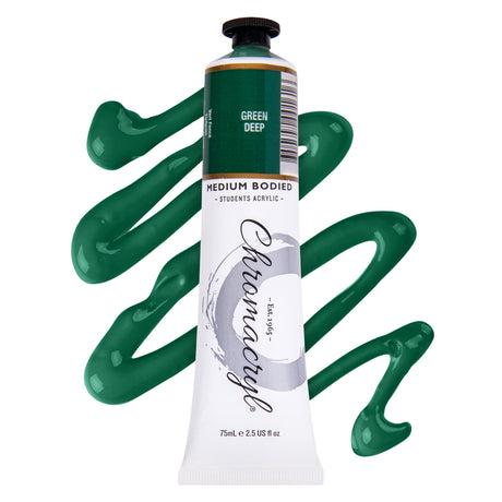 Chromacryl students acrylic paint tube labelled Green Deep, displayed with bold, sweeping strokes of deep green paint in the background. The paint has a smooth, glossy finish and medium-bodied texture, emphasising strong pigmentation and vibrant, saturated colour.