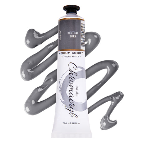 Chromacryl students acrylic paint tube labelled Neutral Grey, shown with thick, flowing paint strokes in a cool grey tone behind it. The paint appears smooth and glossy with a creamy, medium-bodied consistency, highlighting even coverage and rich, neutral colour.