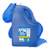 Zart Junior Paint in Blue. A large blue 5 litre plastic jug with a white screw cap and handle, set against a bold blue paint swatch background. The label reads "Zart Junior Paint by Zart — Great for Painting & Printing" with tick-listed features including Vibrant Colour, Quick Drying, Colour Mixing, Easy Clean-Up, Non-Toxic, and Washable.