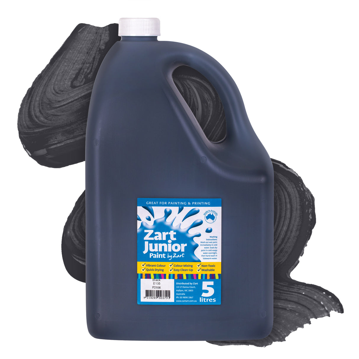 Zart Junior Paint in Black. A large dark black 5 litre plastic jug with a white screw cap and handle, set against a sweeping black paint swatch background. The label reads "Zart Junior Paint by Zart — Great for Painting & Printing" with tick-listed features including Vibrant Colour, Quick Drying, Colour Mixing, Easy Clean-Up, Non-Toxic, and Washable.