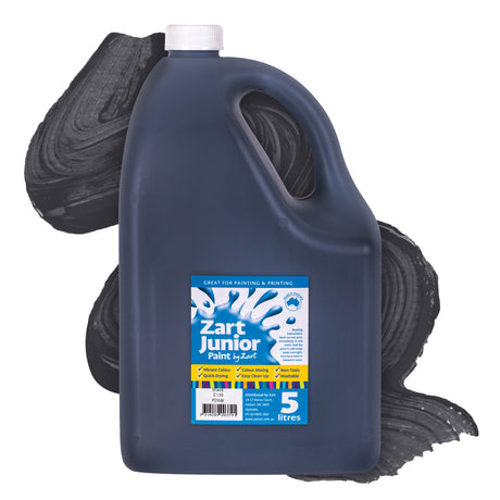 Zart Junior Paint in Black. A large dark black 5 litre plastic jug with a white screw cap and handle, set against a sweeping black paint swatch background. The label reads "Zart Junior Paint by Zart — Great for Painting & Printing" with tick-listed features including Vibrant Colour, Quick Drying, Colour Mixing, Easy Clean-Up, Non-Toxic, and Washable.