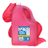 Zart Junior Paint in Red. A large bright red-pink 5 litre plastic jug with a white screw cap and handle, set against a vivid red paint swatch background. The label reads "Zart Junior Paint by Zart — Great for Painting & Printing" with tick-listed features including Vibrant Colour, Quick Drying, Colour Mixing, Easy Clean-Up, Non-Toxic, and Washable.
