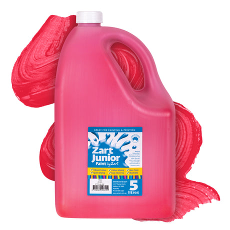 Zart Junior Paint in Red. A large bright red-pink 5 litre plastic jug with a white screw cap and handle, set against a vivid red paint swatch background. The label reads "Zart Junior Paint by Zart — Great for Painting & Printing" with tick-listed features including Vibrant Colour, Quick Drying, Colour Mixing, Easy Clean-Up, Non-Toxic, and Washable.