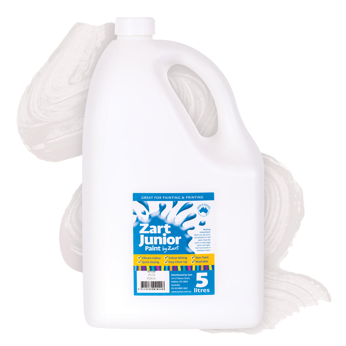 Zart Junior Paint in White. A large white 5 litre plastic jug with a white screw cap and handle, set against a pale white paint swatch background. The label reads "Zart Junior Paint by Zart — Great for Painting & Printing" with tick-listed features including Vibrant Colour, Quick Drying, Colour Mixing, Easy Clean-Up, Non-Toxic, and Washable.