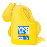 Zart Junior Paint in Yellow. A large bright yellow 5 litre plastic jug with a white screw cap and handle, set against a vivid yellow paint swatch background. The label reads "Zart Junior Paint by Zart — Great for Painting & Printing" with tick-listed features including Vibrant Colour, Quick Drying, Colour Mixing, Easy Clean-Up, Non-Toxic, and Washable.