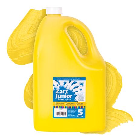 Zart Junior Paint in Yellow. A large bright yellow 5 litre plastic jug with a white screw cap and handle, set against a vivid yellow paint swatch background. The label reads "Zart Junior Paint by Zart — Great for Painting & Printing" with tick-listed features including Vibrant Colour, Quick Drying, Colour Mixing, Easy Clean-Up, Non-Toxic, and Washable.