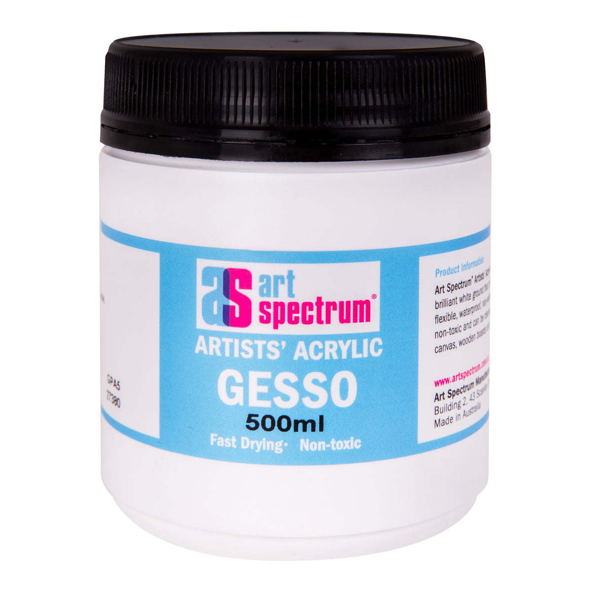 A cylindrical white tub of Art Spectrum Artists’ Acrylic Gesso with a black screw-top lid, labelled 500ml. The blue and white label shows the Art Spectrum logo, “Fast Drying” and “Non-toxic” text, and a product information panel describing the gesso’s use on canvas and wooden boards.