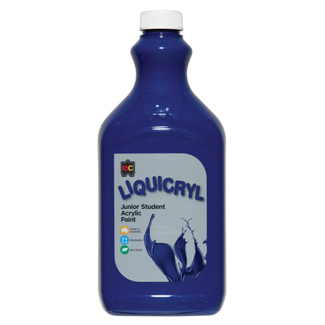 EC Liquicryl Junior Student Acrylic Paint in deep blue. The plastic bottle has a white screw cap and a moulded easel logo on the shoulder, the paint showing through. Its grey label carries the coloured Liquicryl name and a paint splash, marked Made in Australia, Washable and Non-Toxic.