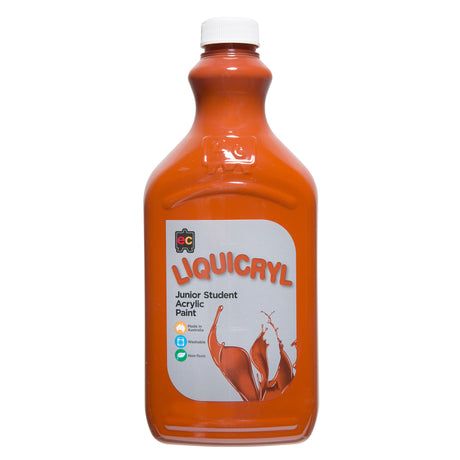 EC Liquicryl Junior Student Acrylic Paint in warm reddish-brown. The plastic bottle has a white screw cap and a moulded easel logo on the shoulder, the paint showing through. Its grey label carries the coloured Liquicryl name and a paint splash, marked Made in Australia, Washable and Non-Toxic.