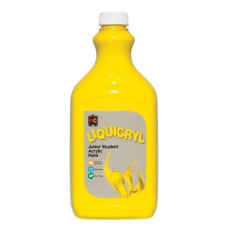 EC Liquicryl Junior Student Acrylic Paint in bright yellow. The plastic bottle has a white screw cap and a moulded easel logo on the shoulder, the paint showing through. Its grey label carries the coloured Liquicryl name and a paint splash, marked Made in Australia, Washable and Non-Toxic.