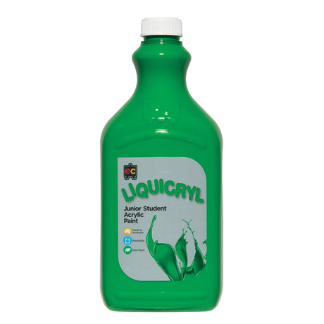 EC Liquicryl Junior Student Acrylic Paint in vivid green. The plastic bottle has a white screw cap and a moulded easel logo on the shoulder, the paint showing through. Its grey label carries the coloured Liquicryl name and a paint splash, marked Made in Australia, Washable and Non-Toxic.