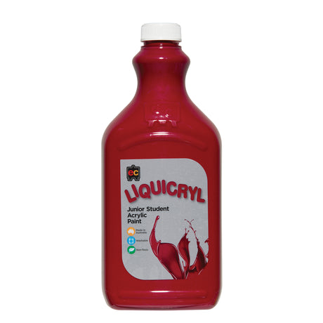 EC Liquicryl Junior Student Acrylic Paint in deep maroon. The plastic bottle has a white screw cap and a moulded easel logo on the shoulder, the paint showing through. Its grey label carries the coloured Liquicryl name and a paint splash, marked Made in Australia, Washable and Non-Toxic.