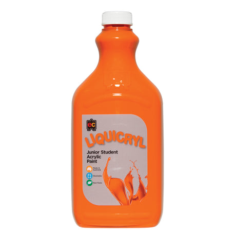 EC Liquicryl Junior Student Acrylic Paint in orange. The plastic bottle has a white screw cap and a moulded easel logo on the shoulder, the paint showing through. Its grey label carries the coloured Liquicryl name and a paint splash, marked Made in Australia, Washable and Non-Toxic.