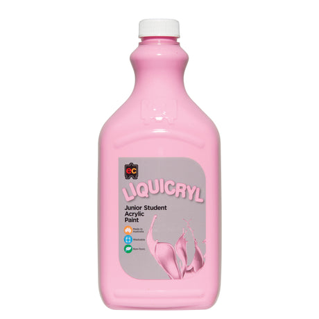 EC Liquicryl Junior Student Acrylic Paint in soft pink. The plastic bottle has a white screw cap and a moulded easel logo on the shoulder, the paint showing through. Its grey label carries the coloured Liquicryl name and a paint splash, marked Made in Australia, Washable and Non-Toxic.