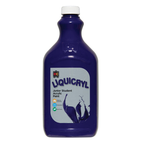 EC Liquicryl Junior Student Acrylic Paint in deep purple. The plastic bottle has a white screw cap and a moulded easel logo on the shoulder, the paint showing through. Its grey label carries the coloured Liquicryl name and a paint splash, marked Made in Australia, Washable and Non-Toxic.