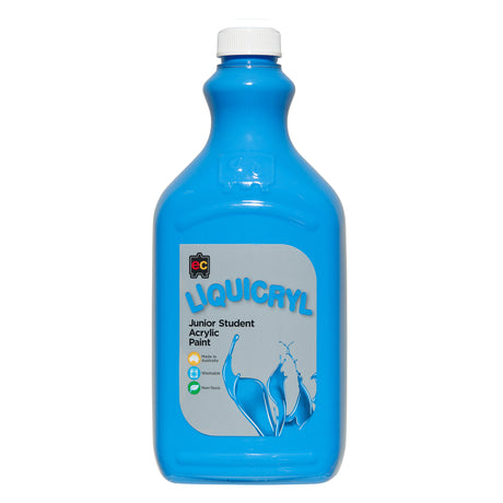EC Liquicryl Junior Student Acrylic Paint in bright sky blue. The plastic bottle has a white screw cap and a moulded easel logo on the shoulder, the paint showing through. Its grey label carries the coloured Liquicryl name and a paint splash, marked Made in Australia, Washable and Non-Toxic.