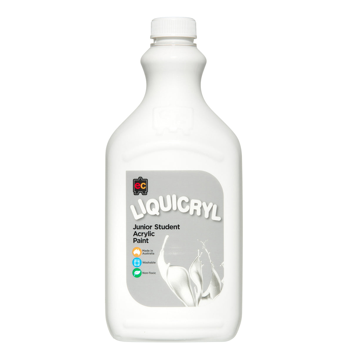 EC Liquicryl Junior Student Acrylic Paint in white. The plastic bottle has a white screw cap and a moulded easel logo on the shoulder, the paint showing through. Its grey label carries the coloured Liquicryl name and a paint splash, marked Made in Australia, Washable and Non-Toxic.