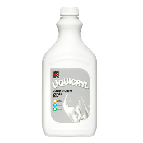 EC Liquicryl Junior Student Acrylic Paint in white. The plastic bottle has a white screw cap and a moulded easel logo on the shoulder, the paint showing through. Its grey label carries the coloured Liquicryl name and a paint splash, marked Made in Australia, Washable and Non-Toxic.