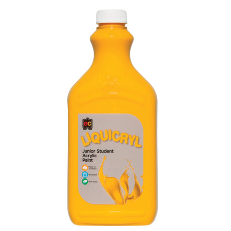 EC Liquicryl Junior Student Acrylic Paint in golden yellow. The plastic bottle has a white screw cap and a moulded easel logo on the shoulder, the paint showing through. Its grey label carries the coloured Liquicryl name and a paint splash, marked Made in Australia, Washable and Non-Toxic.