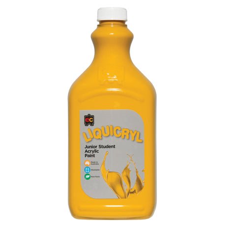 EC Liquicryl Junior Student Acrylic Paint in deep golden yellow. The plastic bottle has a white screw cap and a moulded easel logo on the shoulder, the paint showing through. Its grey label carries the coloured Liquicryl name and a paint splash, marked Made in Australia, Washable and Non-Toxic.