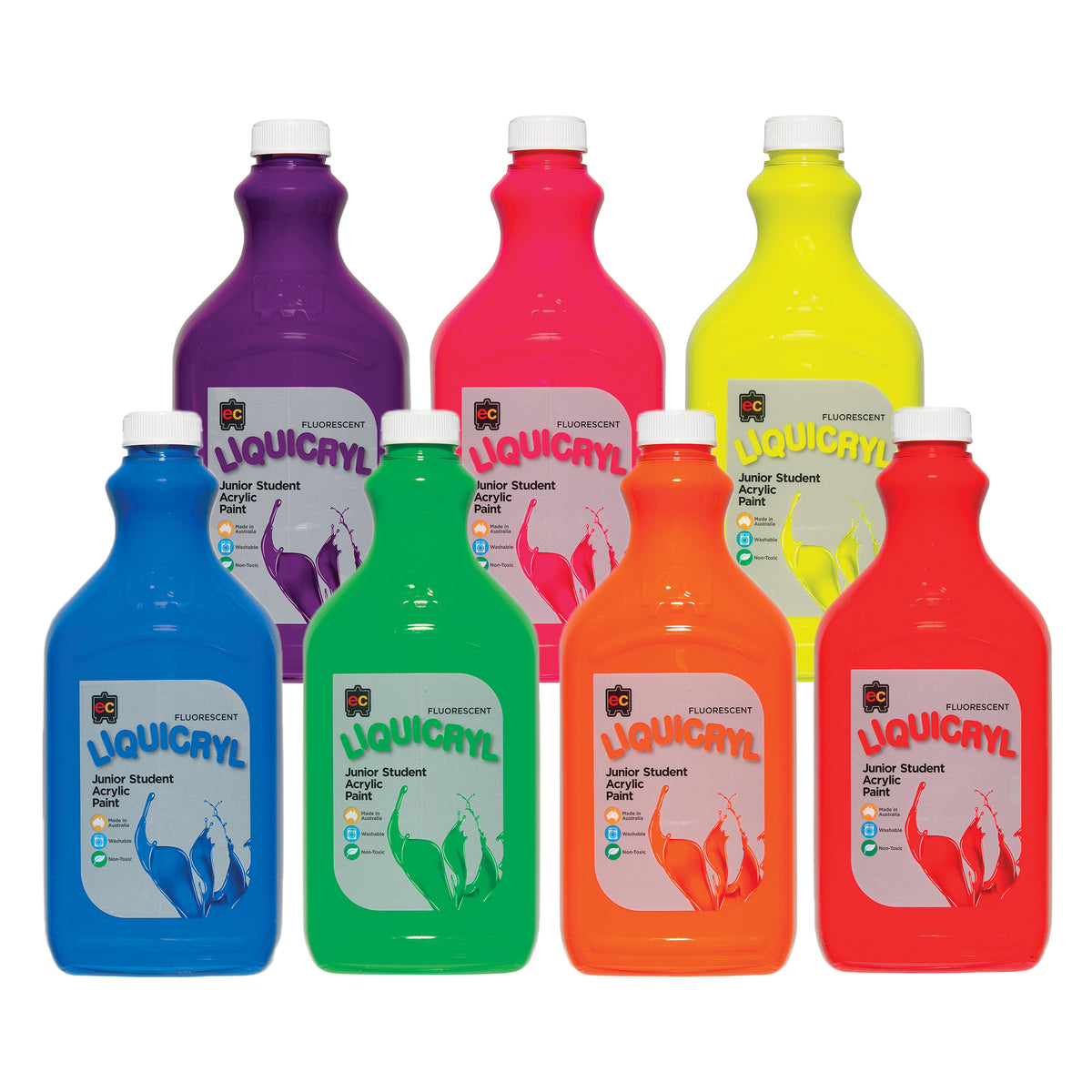 Seven tall bottles of EC Liquicryl Junior Student Acrylic Paint in fluorescent colours, each with a white screw cap. The back row shows purple, pink and yellow; the front row blue, green, orange and red. Labels read Fluorescent and note Made in Australia, Washable and Non-Toxic.