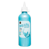 A single bottle of EC Pearl Paint standing upright against a white background, filled with shimmering aqua blue pearlescent paint. The clear cylindrical bottle has a pointed white twist-top nozzle cap and a printed label, with the glittery paint visible through the plastic.