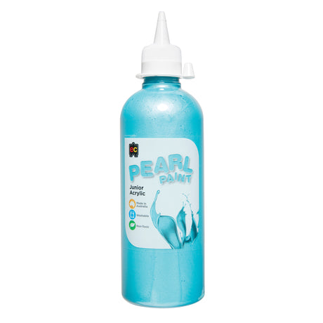 A single bottle of EC Pearl Paint standing upright against a white background, filled with shimmering aqua blue pearlescent paint. The clear cylindrical bottle has a pointed white twist-top nozzle cap and a printed label, with the glittery paint visible through the plastic.