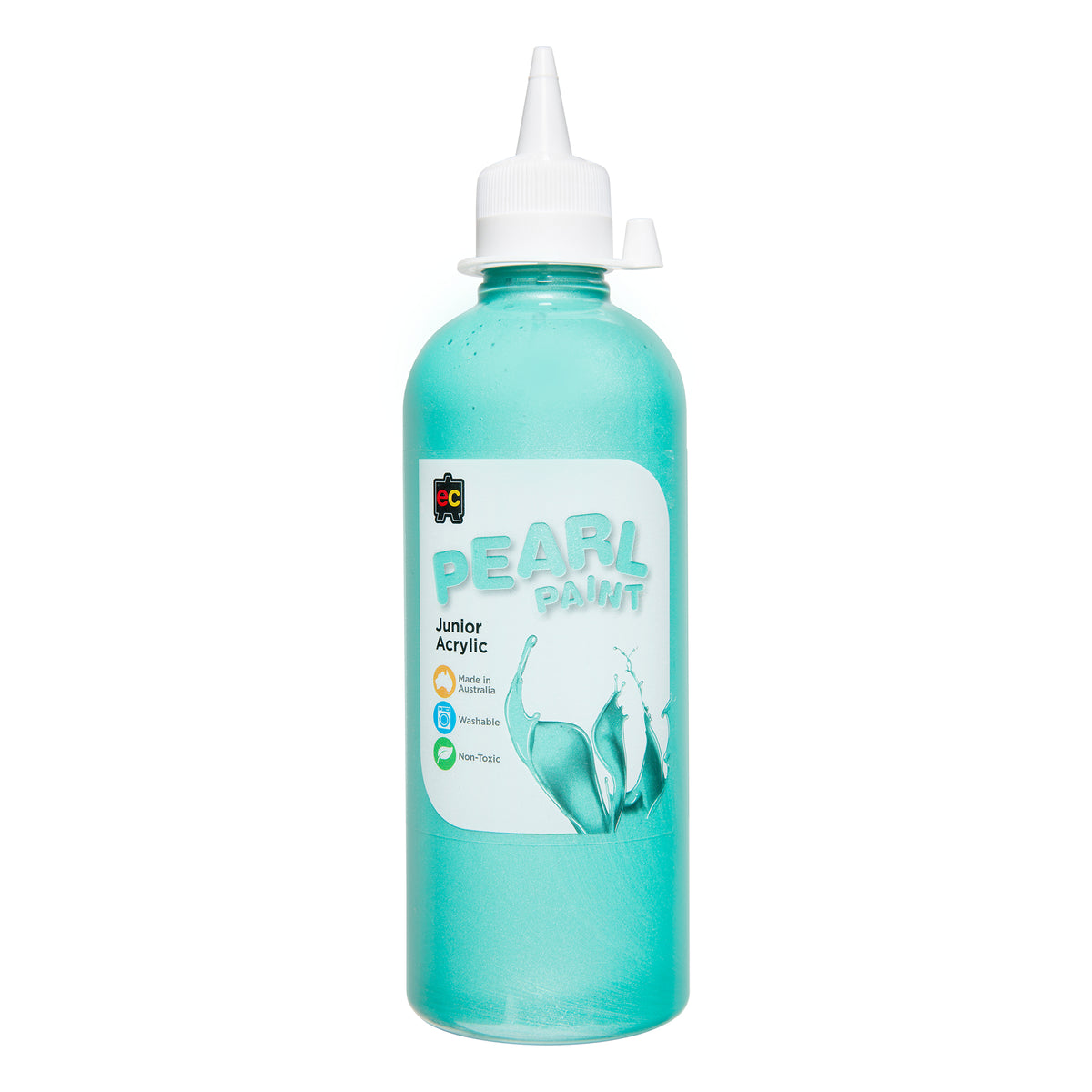 A single bottle of EC Pearl Paint standing upright against a white background, filled with shimmering mint green pearlescent paint. The clear cylindrical bottle has a pointed white twist-top nozzle cap and a printed label, with the glittery paint visible through the plastic.