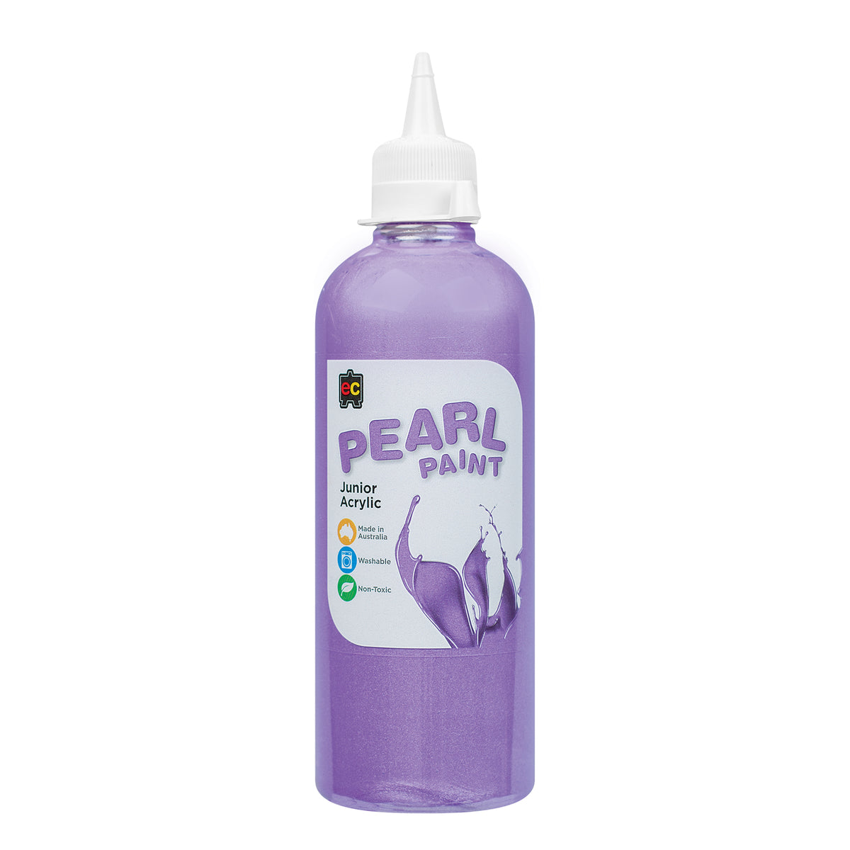 A single bottle of EC Pearl Paint standing upright against a white background, filled with shimmering purple pearlescent paint. The clear cylindrical bottle has a pointed white twist-top nozzle cap and a printed label, with the glittery paint visible through the plastic.