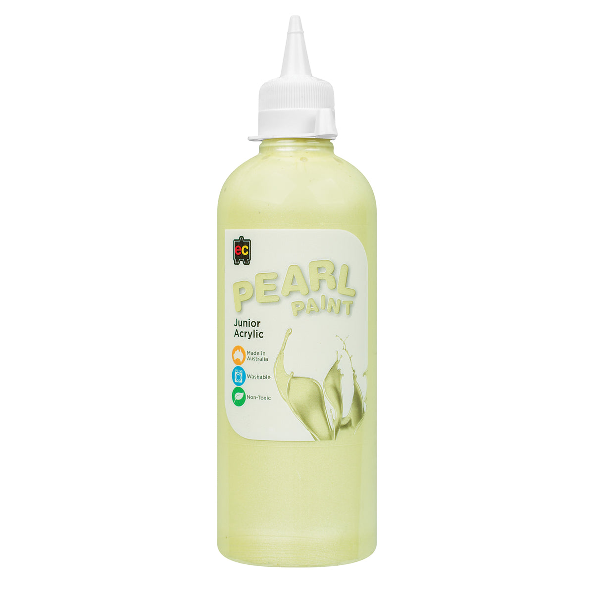 A single bottle of EC Pearl Paint standing upright against a white background, filled with shimmering pale yellow pearlescent paint. The clear cylindrical bottle has a pointed white twist-top nozzle cap and a printed label, with the glittery paint visible through the plastic.