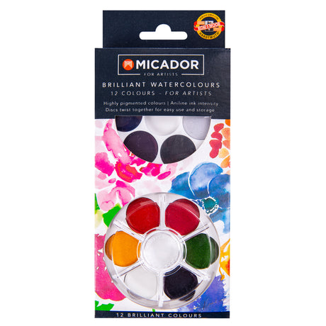 Micador Brilliant Watercolours 12 Colours packaging displayed vertically, showing a circular palette of paint discs in red, yellow, green, black, and white. Floral watercolour artwork decorates the background, with visible label text “MICADOR” and “12 COLOURS”
