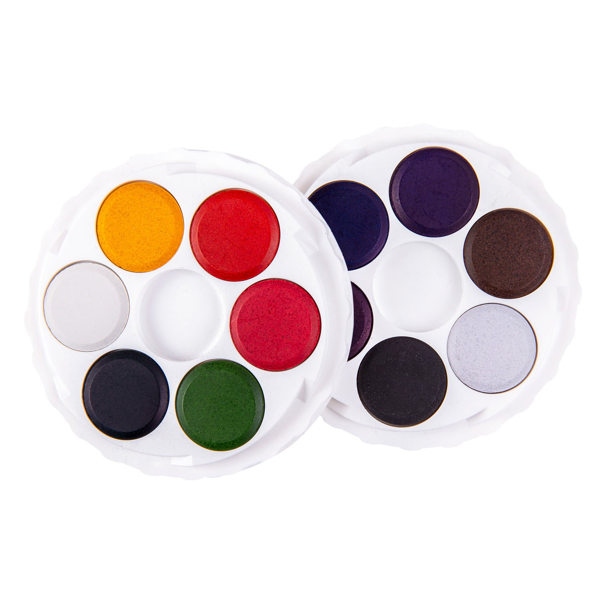Two open circular watercolour palettes placed side by side, each containing multiple coloured discs in a white plastic tray. Colours include red, yellow, green, brown, black, and white, with smooth, slightly glossy surfaces and central mixing wells