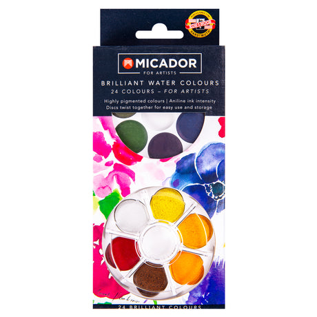 Micador Brilliant Watercolours 24 Colours packaging displayed upright, featuring a circular palette of paint discs in warm tones including yellow, orange, red, and brown. The label includes “MICADOR” and “24 COLOURS”, with a floral painted background design