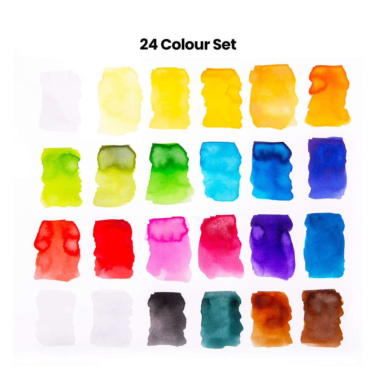 Painted swatch chart labelled “24 Colour Set” shows 24 rectangular watercolour samples in neat rows. Colours range from pale white and yellow to bright green, blue, red, pink, purple, grey, teal, orange and brown, with visible pooling and layered wash textures.