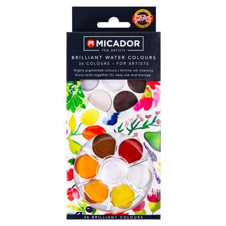 Micador Brilliant Water Colours 36 Colours packaging with a black header, floral watercolour artwork and circular paint disc at the front. Visible colours include yellow, orange, brown, red and white, with additional neutral pans partly shown through the packaging window.